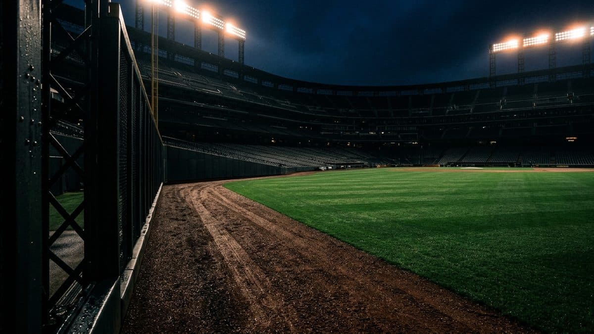 An empty ballpark under the lights before first pitch