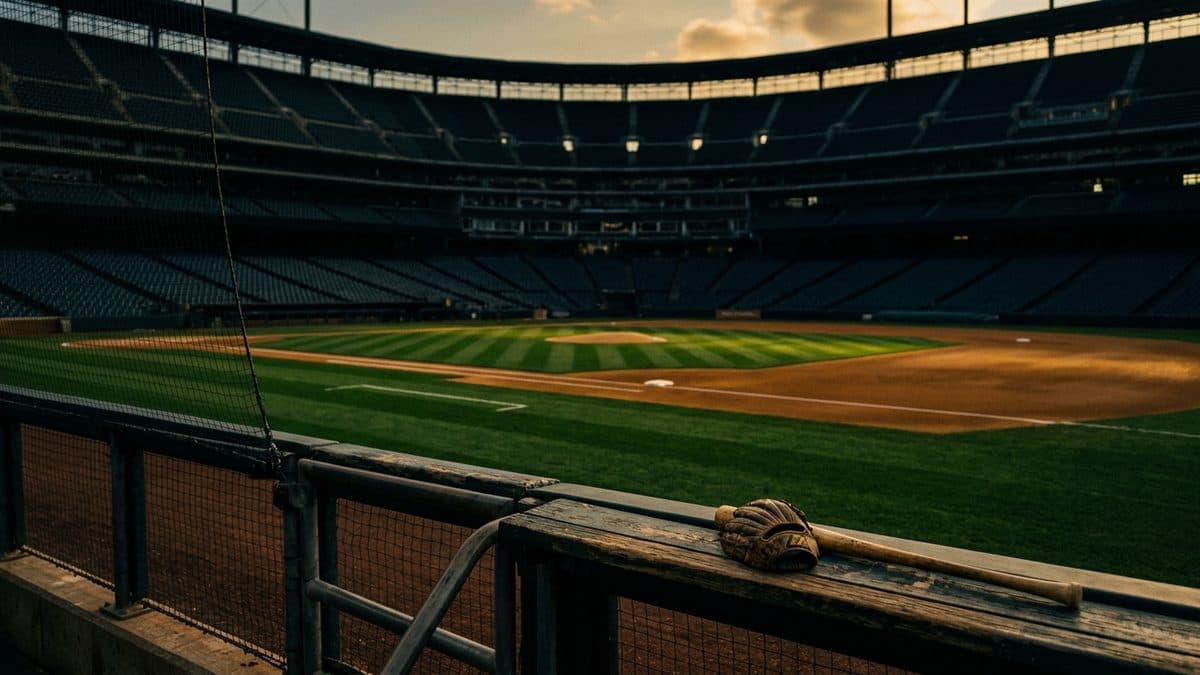 An empty ballpark under the lights before first pitch
