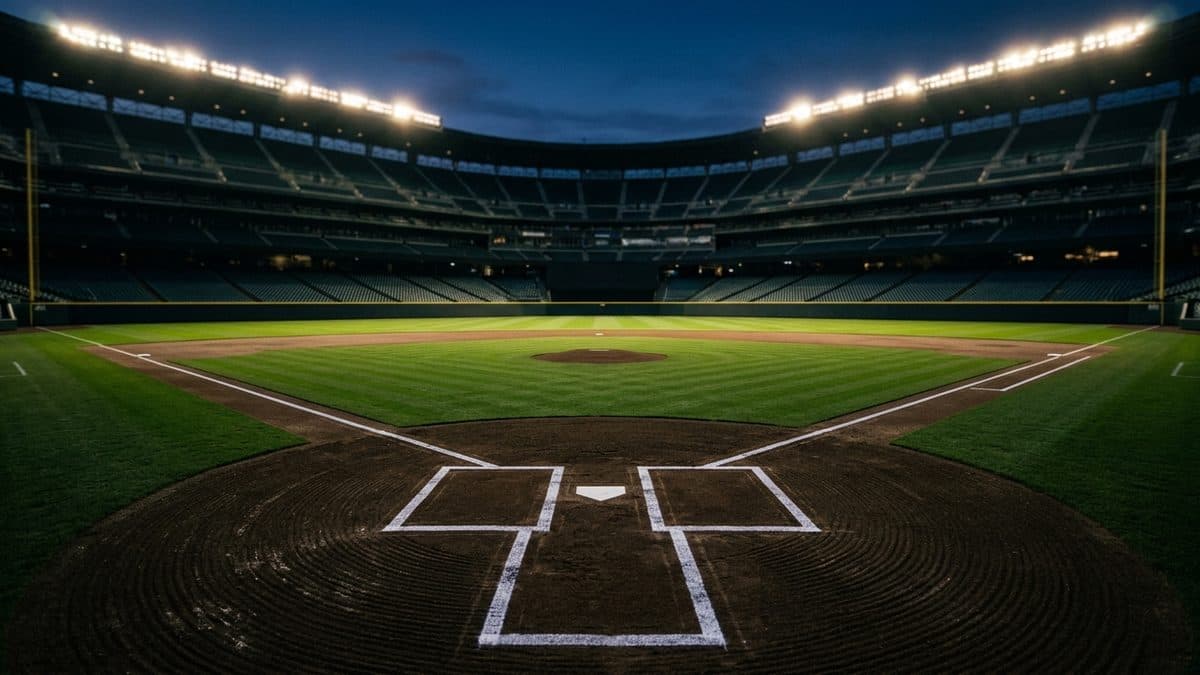 An empty ballpark under the lights before first pitch