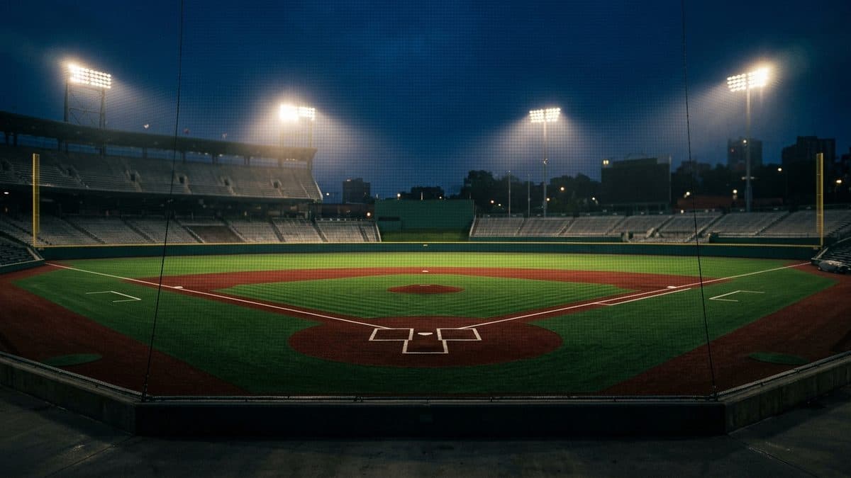 An empty ballpark under the lights before first pitch