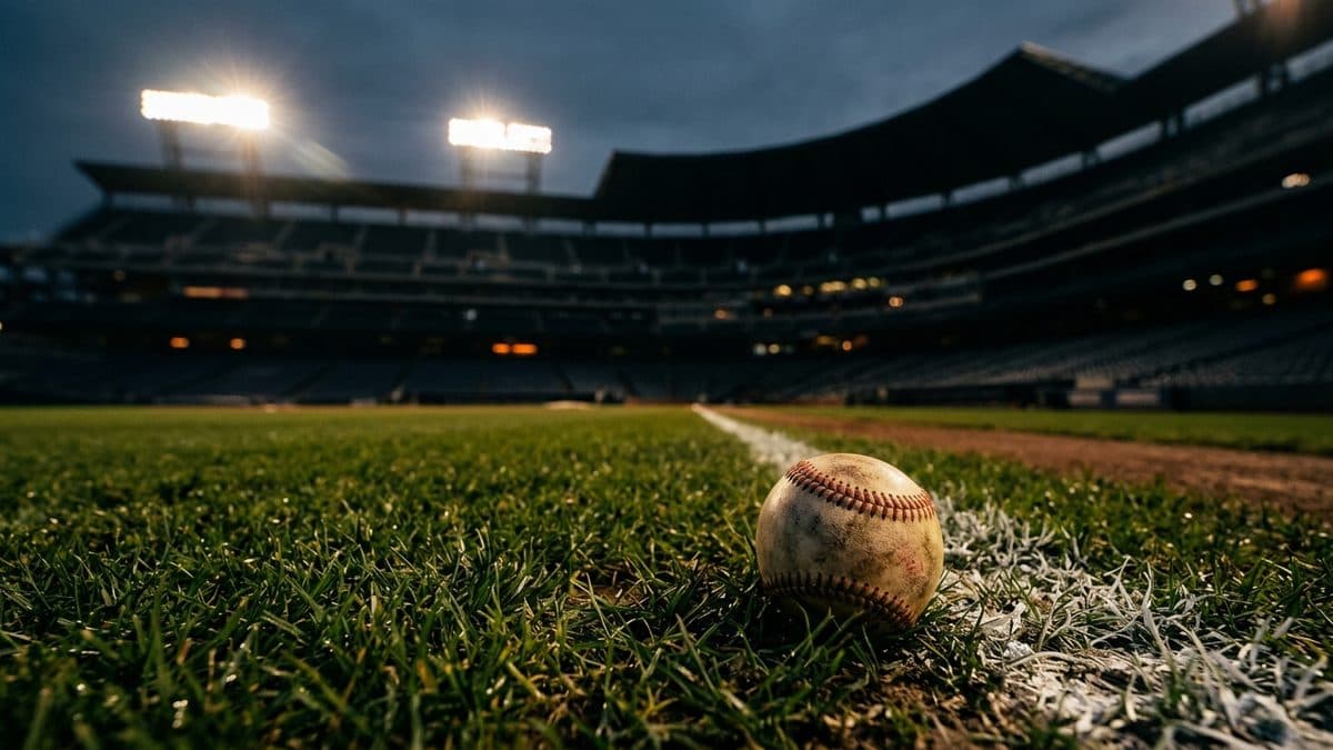 An empty ballpark under the lights before first pitch