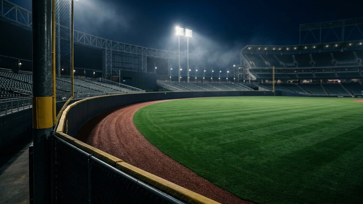 An empty ballpark under the lights before first pitch