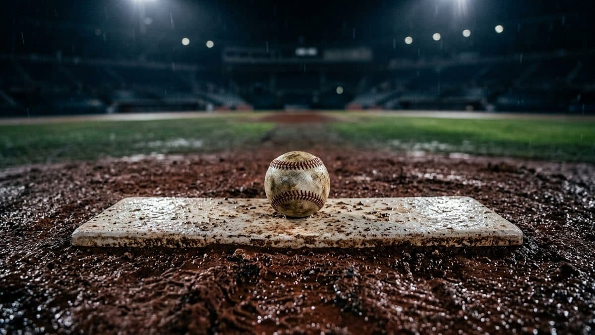 An empty ballpark under the lights before first pitch