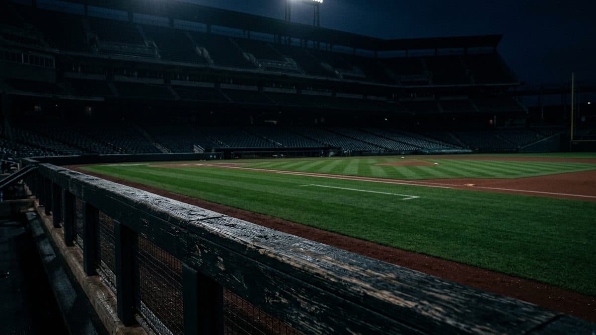 An empty ballpark under the lights before first pitch