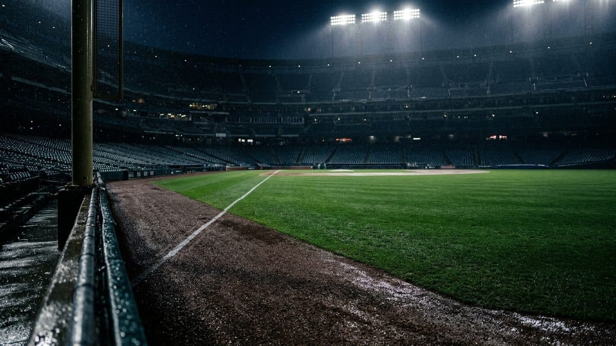 An empty ballpark under the lights before first pitch