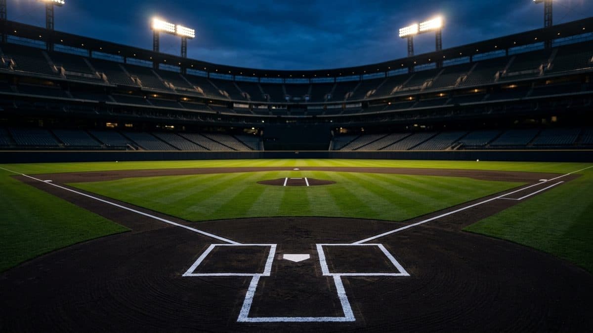 An empty ballpark under the lights before first pitch