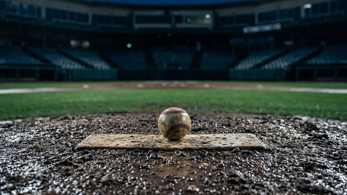 An empty ballpark under the lights before first pitch