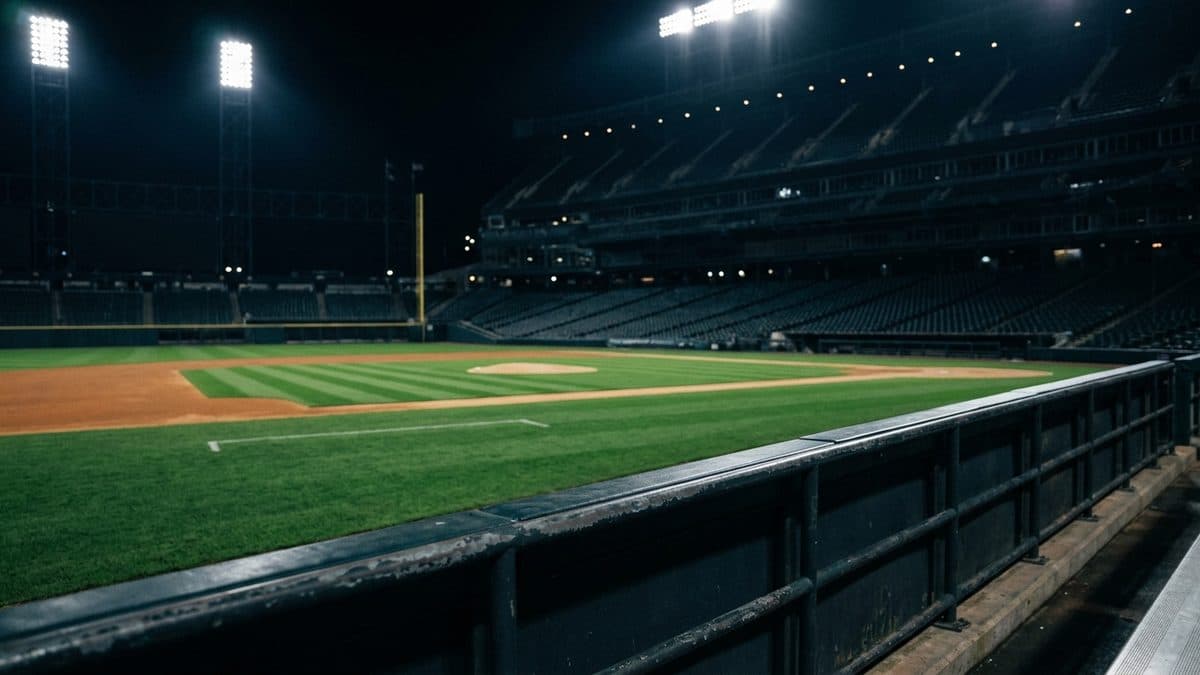 An empty ballpark under the lights before first pitch