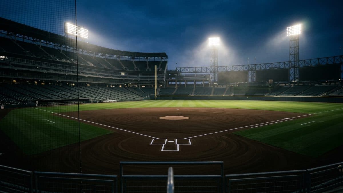An empty ballpark under the lights before first pitch