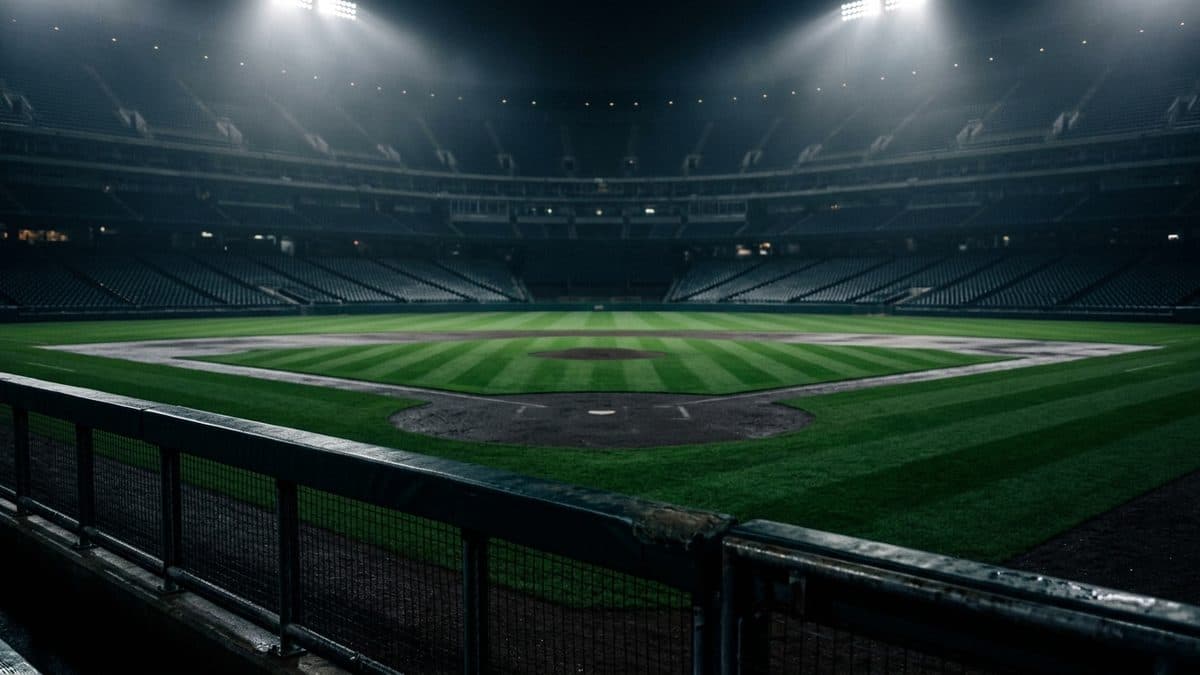 An empty ballpark under the lights before first pitch