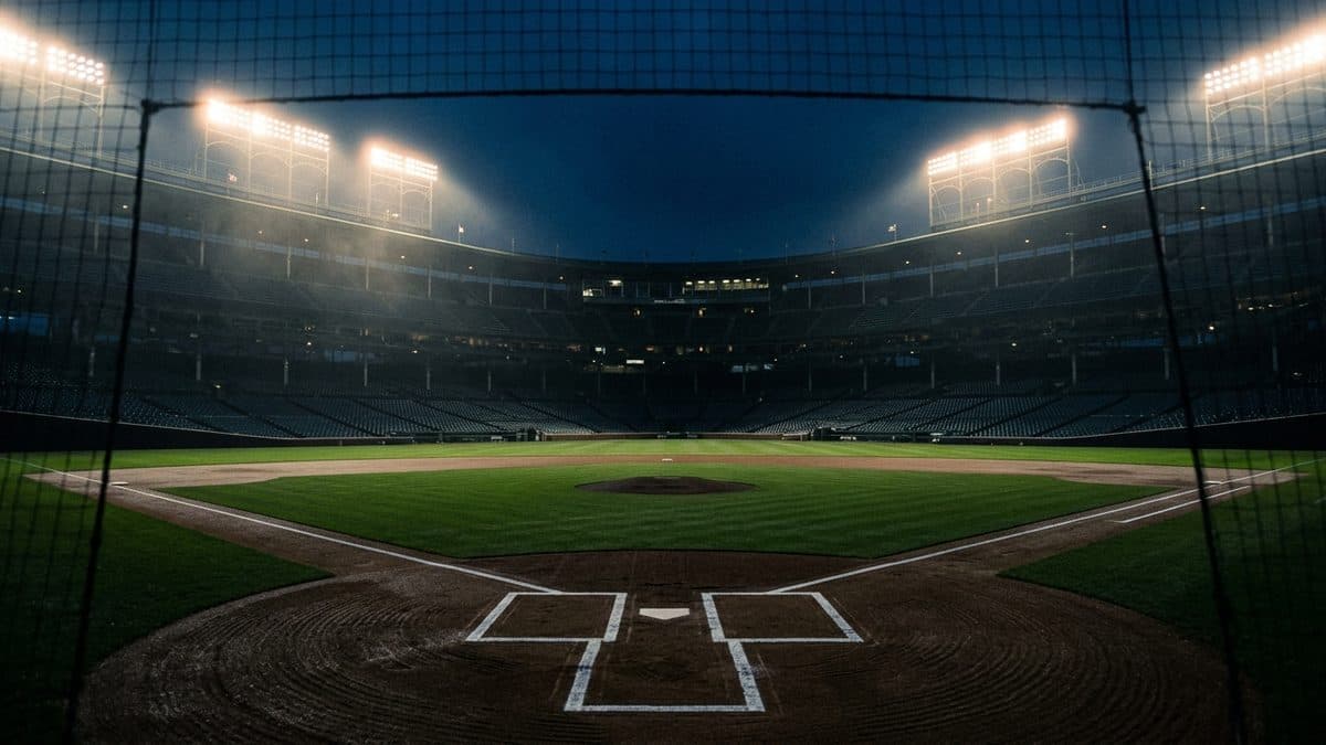 An empty ballpark under the lights before first pitch