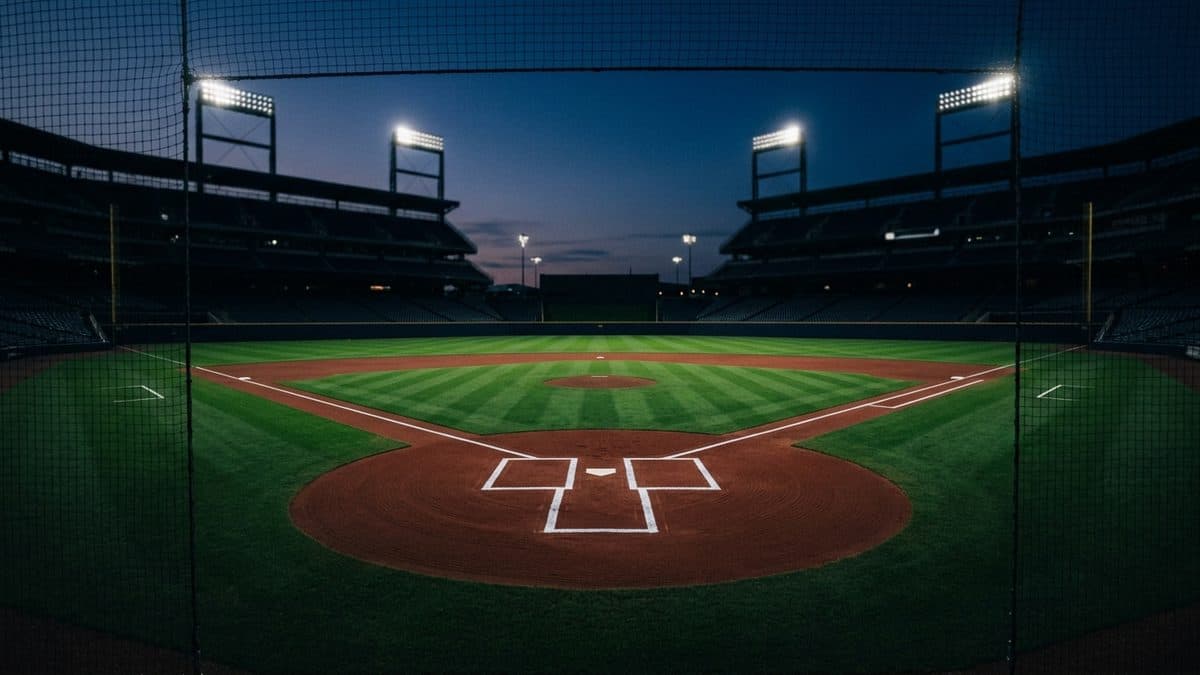 An empty ballpark under the lights before first pitch