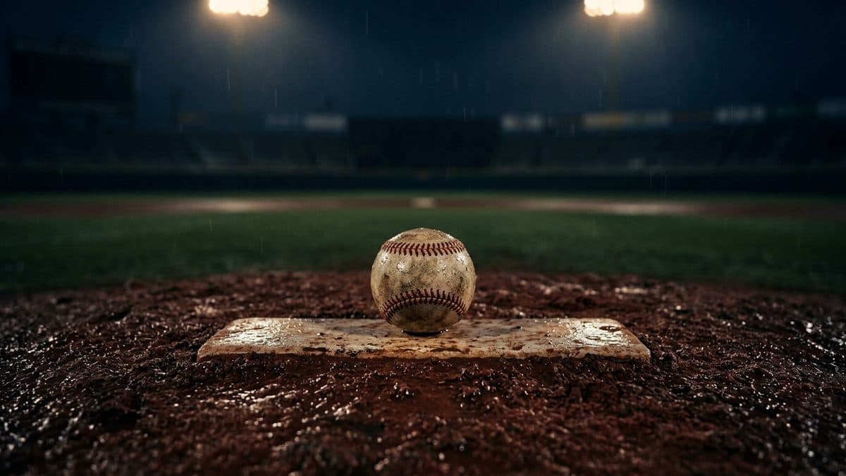 An empty ballpark under the lights before first pitch