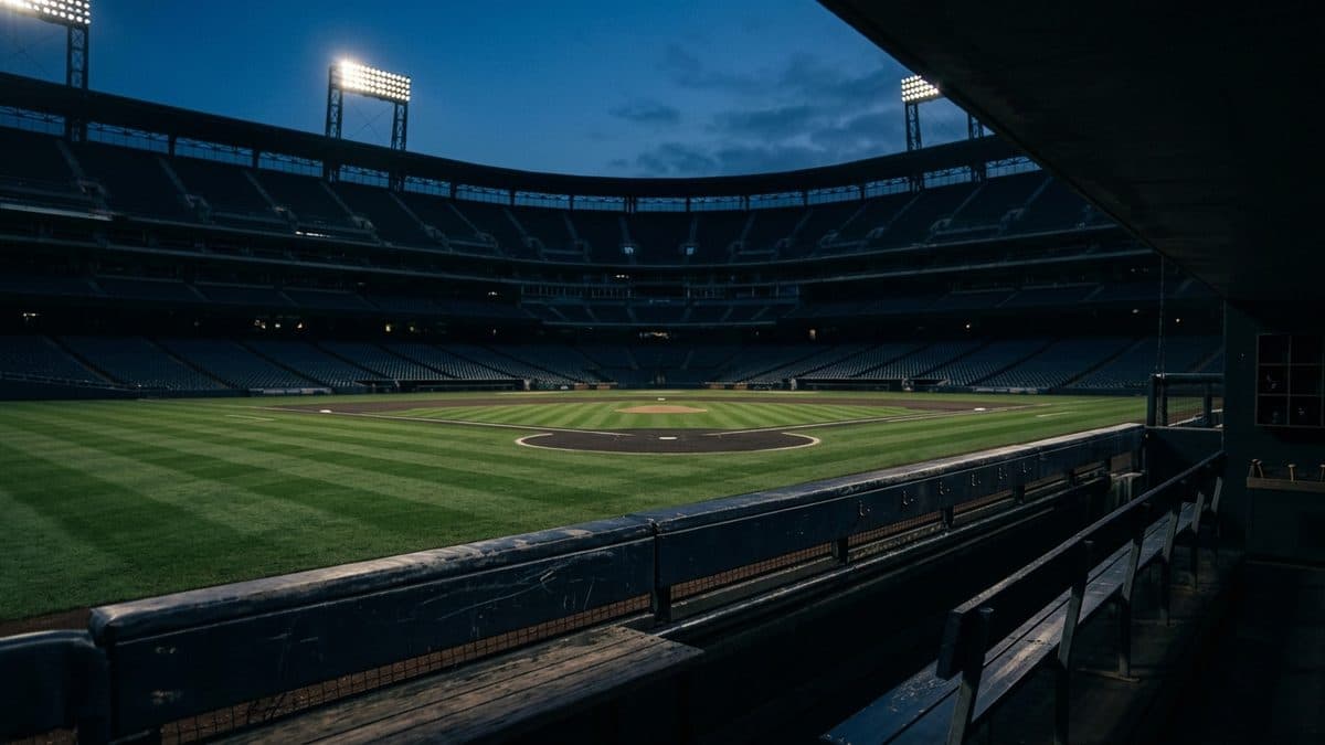 An empty ballpark under the lights before first pitch