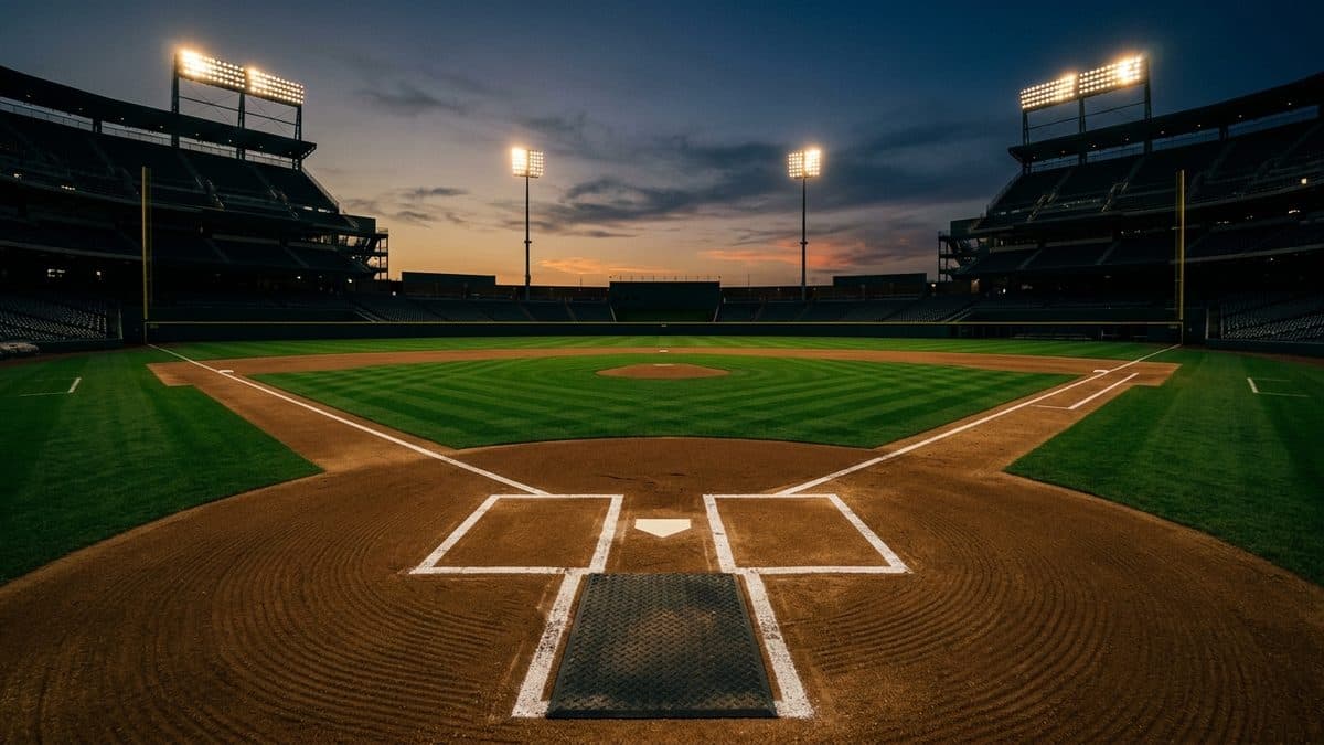 An empty ballpark under the lights before first pitch