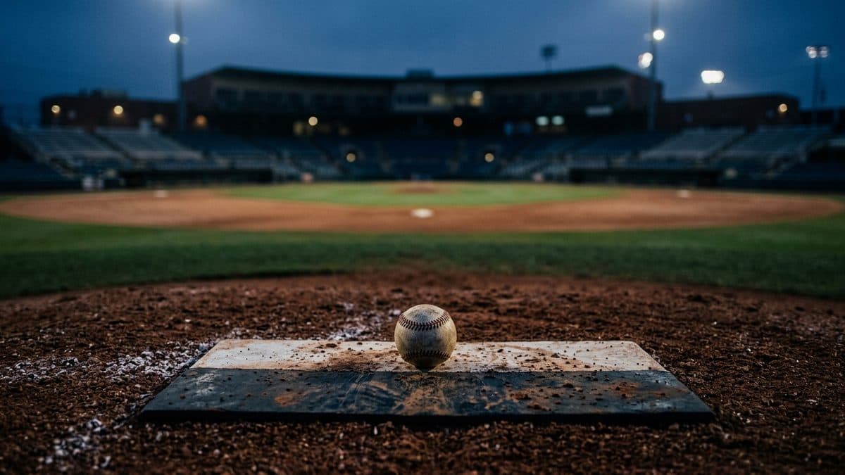 An empty ballpark under the lights before first pitch
