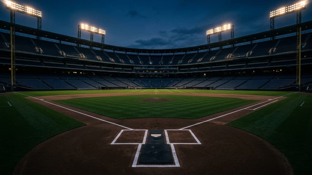 An empty ballpark under the lights before first pitch