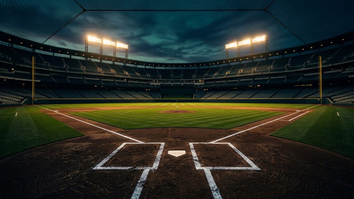 An empty ballpark under the lights before first pitch