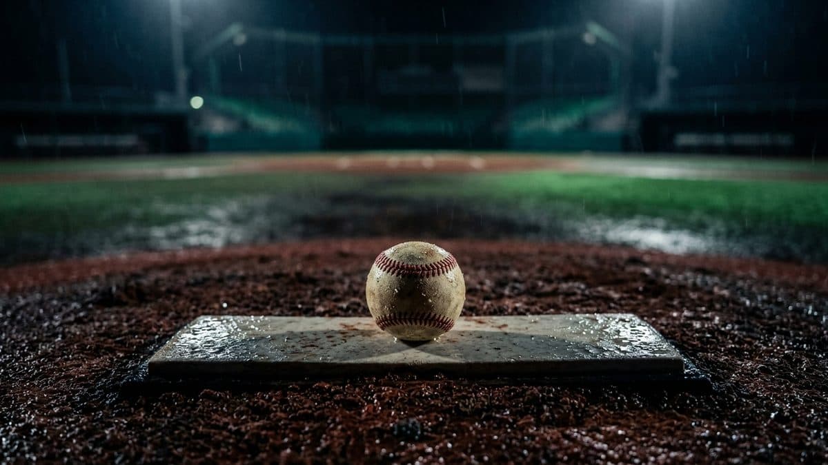 An empty ballpark under the lights before first pitch