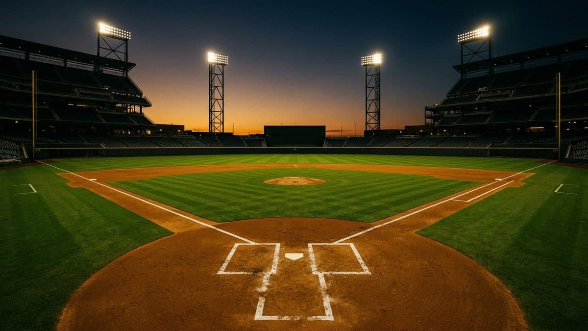 An empty ballpark under the lights before first pitch