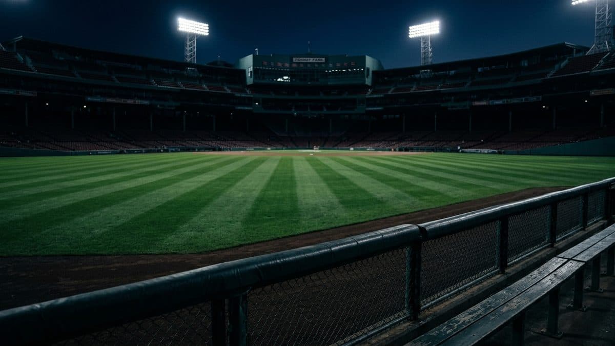 An empty ballpark under the lights before first pitch