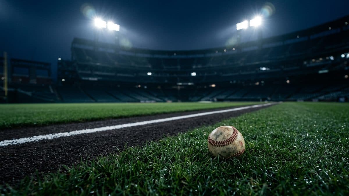 An empty ballpark under the lights before first pitch