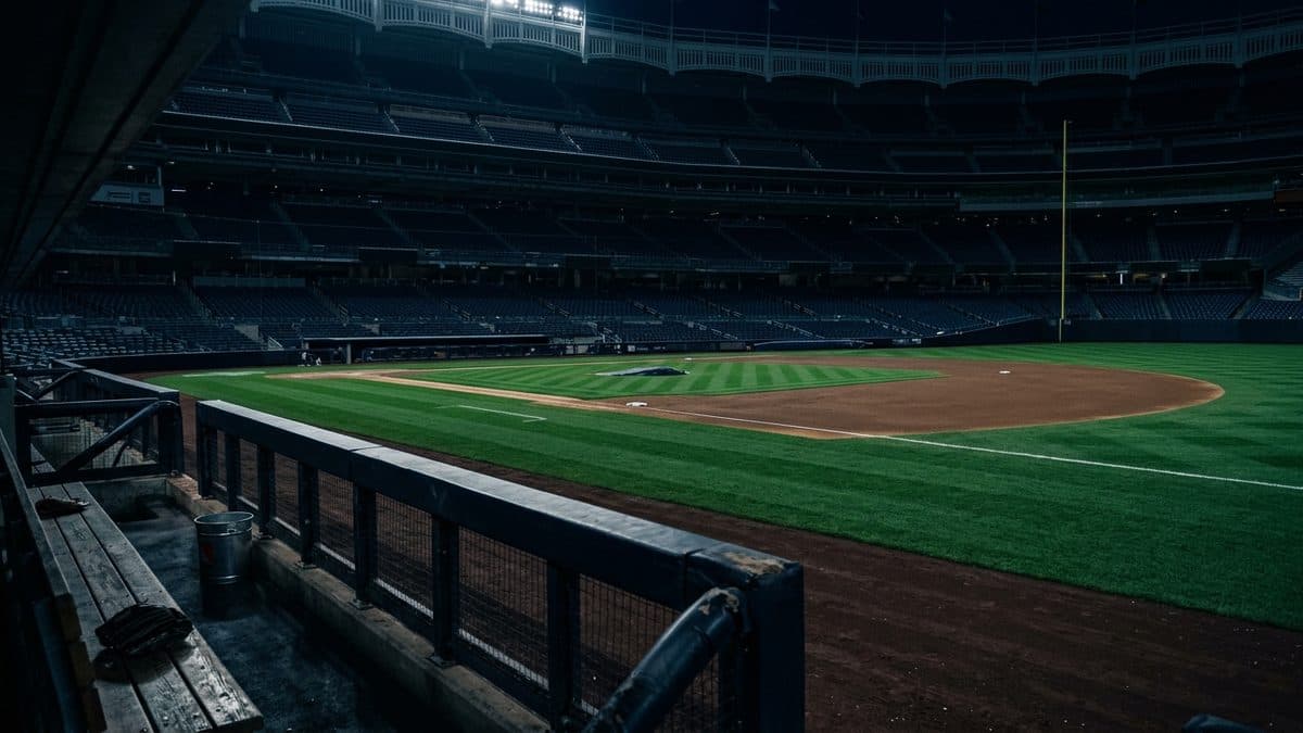 An empty ballpark under the lights before first pitch