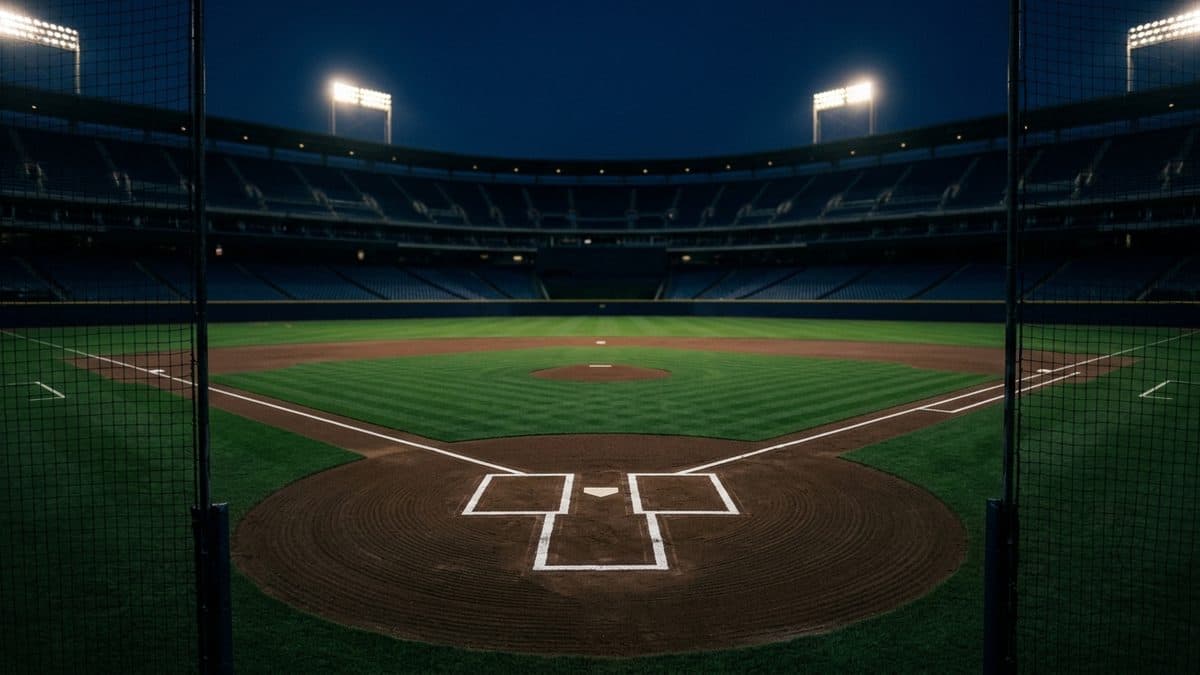 An empty ballpark under the lights before first pitch