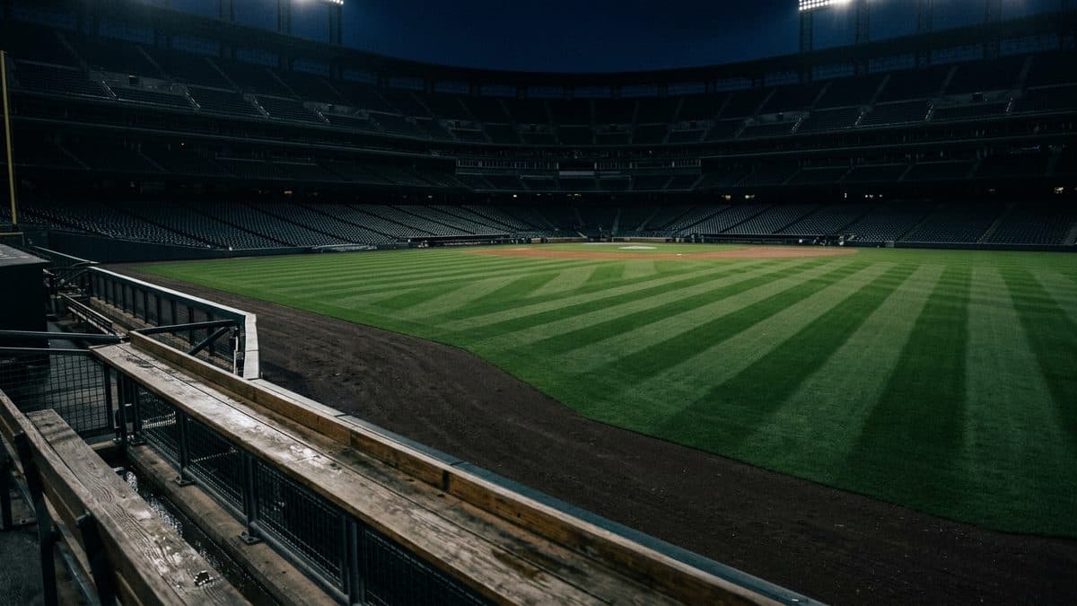 An empty ballpark under the lights before first pitch