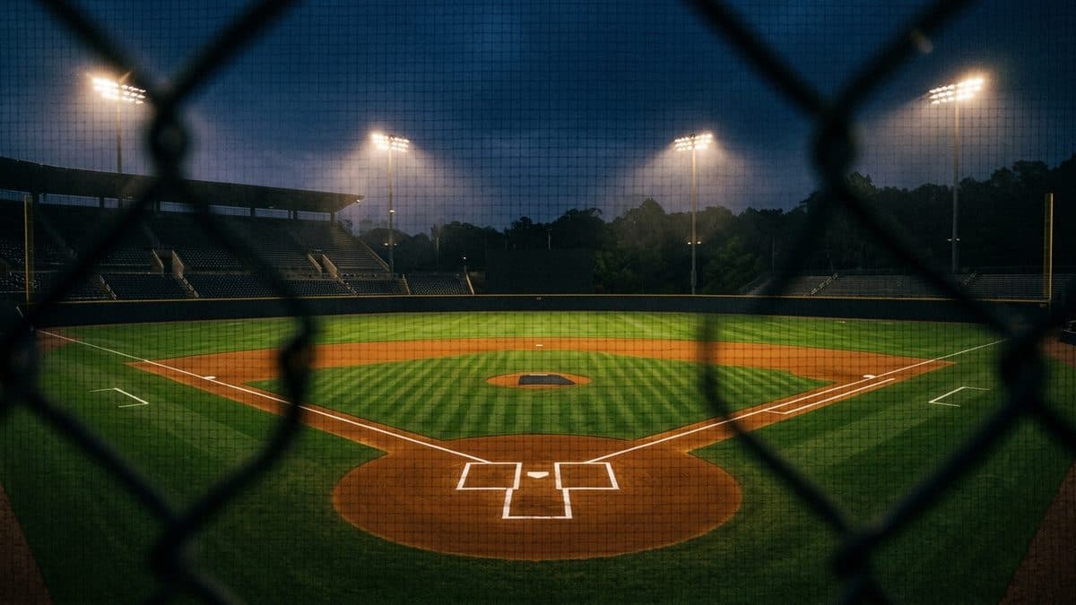 An empty ballpark under the lights before first pitch
