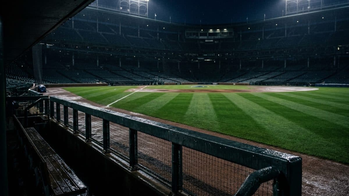 An empty ballpark under the lights before first pitch