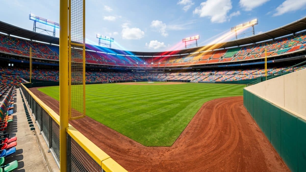 A baseball in flight over a sunlit ballpark