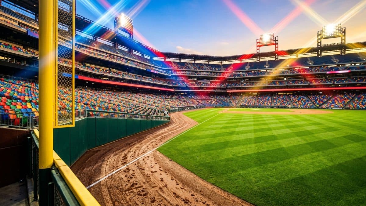 A baseball in flight over a sunlit ballpark
