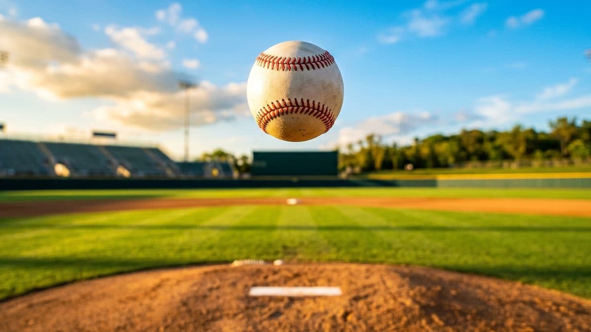 A baseball in flight over a sunlit ballpark