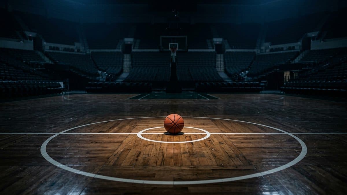 An empty stadium under the lights before the game