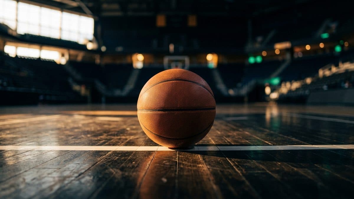 An empty basketball court under the arena lights before tip-off