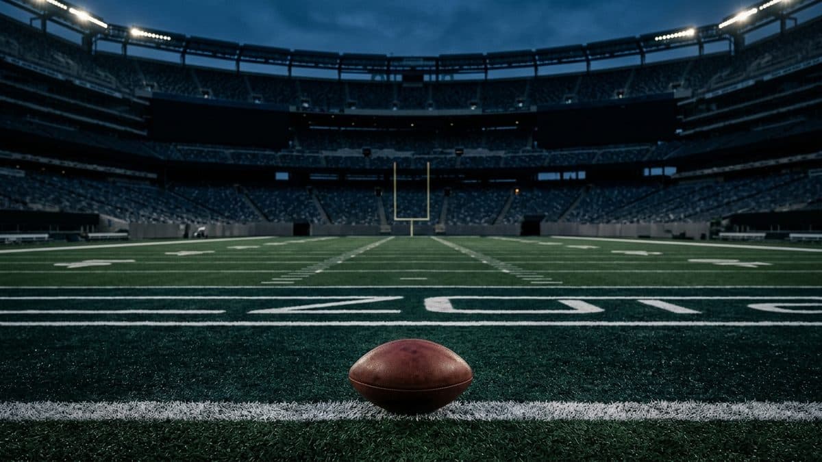 An empty football stadium under the lights before kickoff