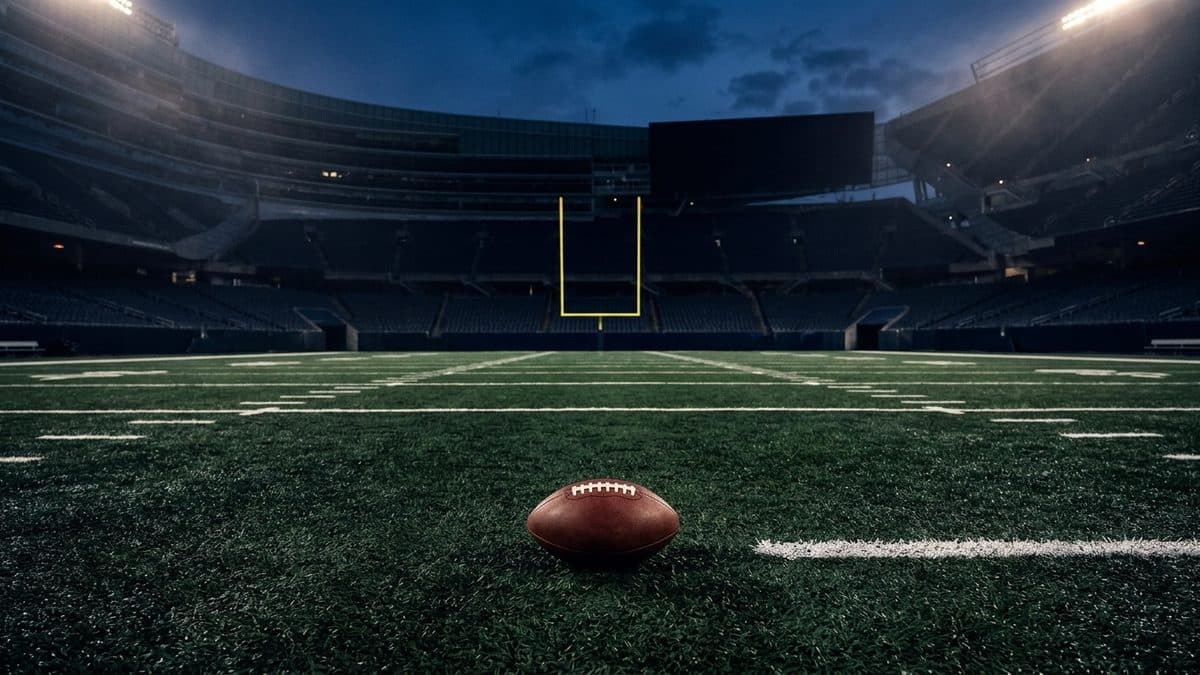 An empty football stadium under the lights before kickoff