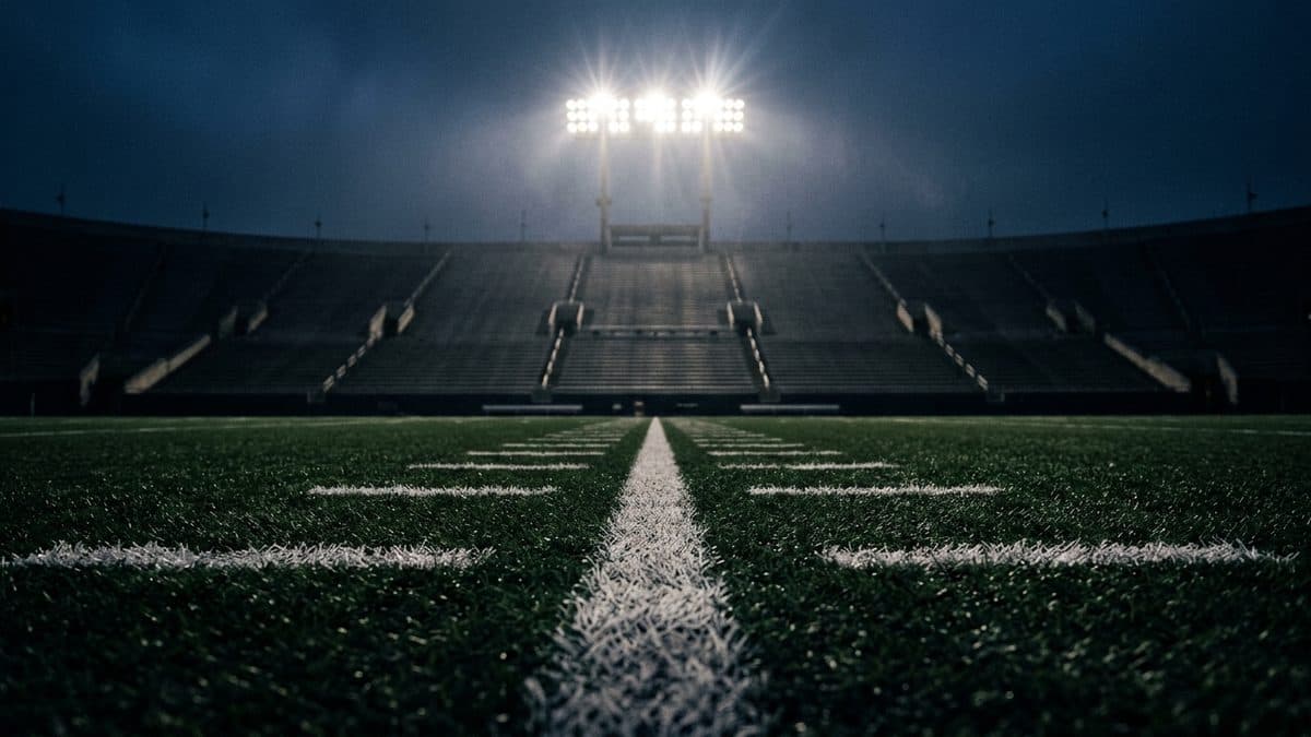 An empty football stadium under the lights before kickoff
