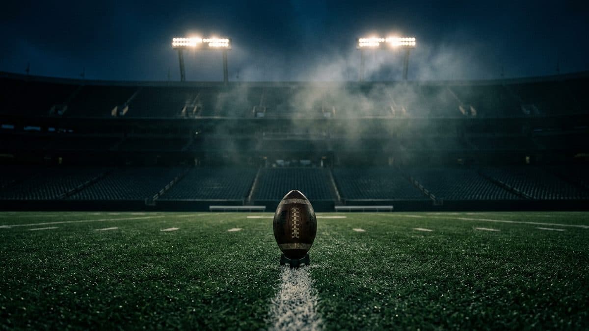 An empty football stadium under the lights before kickoff
