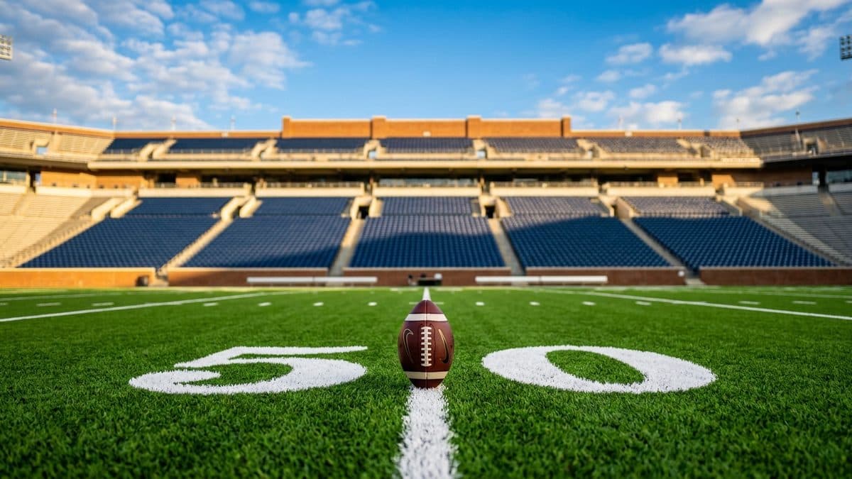 A football in flight over a bright green field under stadium lights