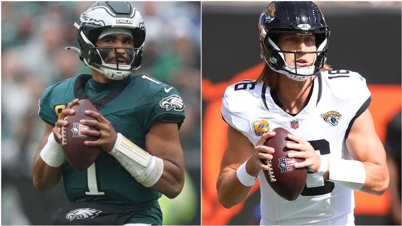 Jalen Hurts of the Eagles and Trevor Lawrence of the Jaguars, who meet in London at 9:30 AM ET to open Sunday's Week 5 slate