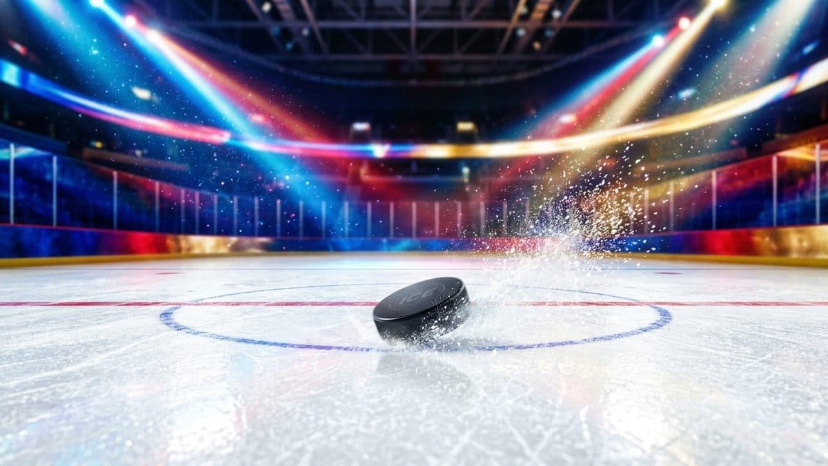 A hockey puck skidding across centre ice under bright red, blue and gold arena lights
