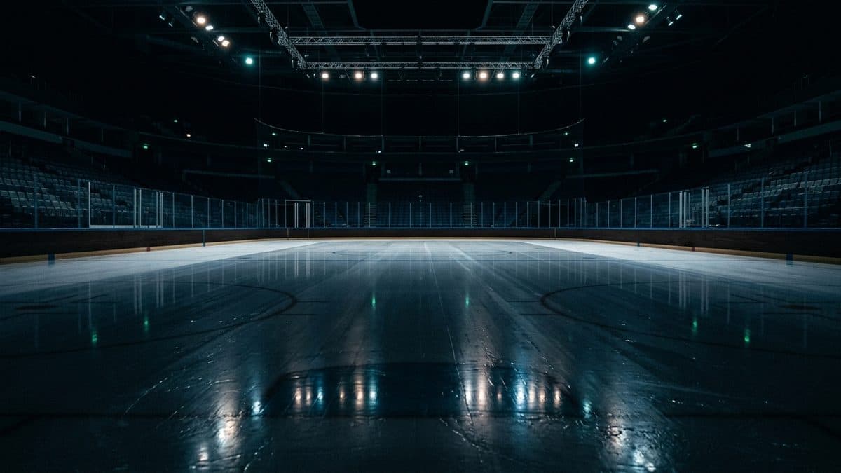 An empty hockey rink under the lights before the opening faceoff