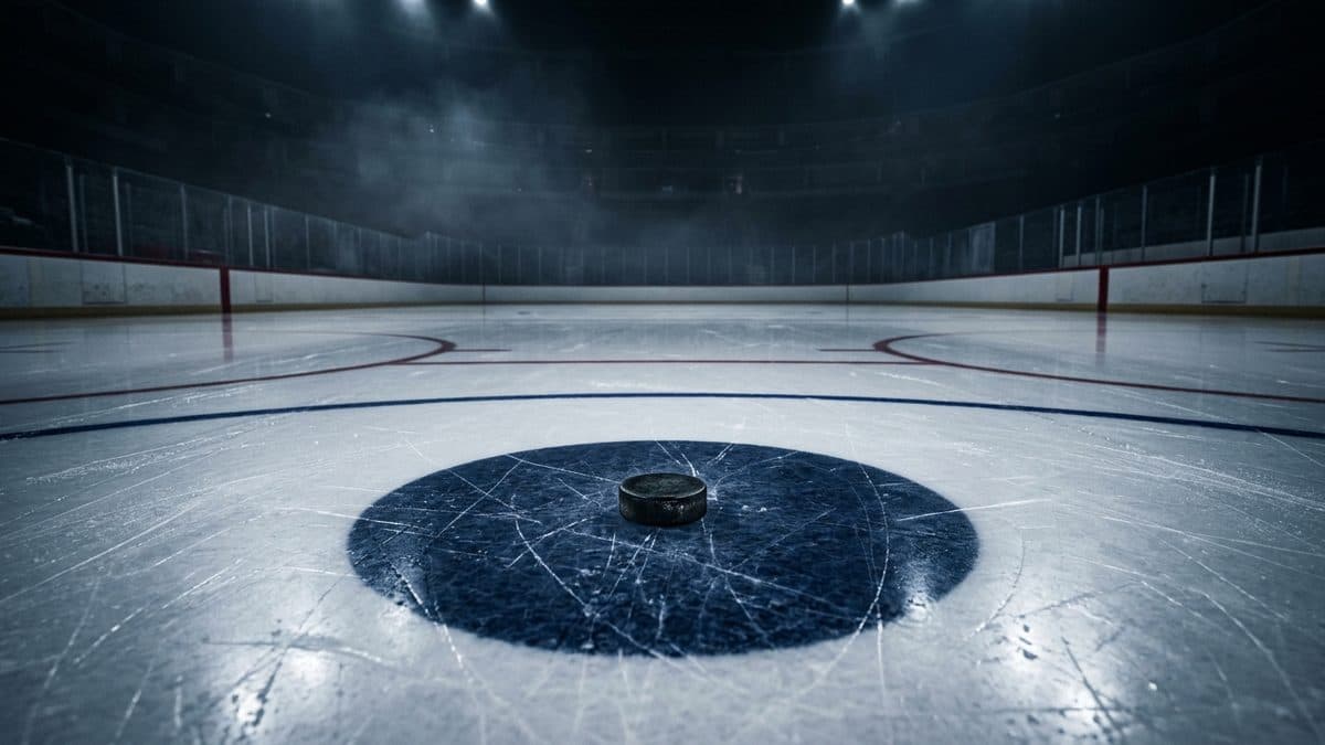 An empty hockey rink under the lights before the opening faceoff