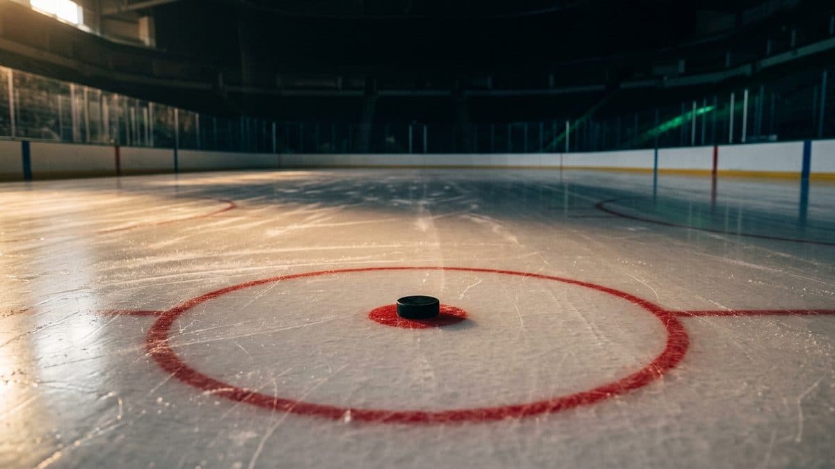 An empty hockey rink under the lights before the opening faceoff