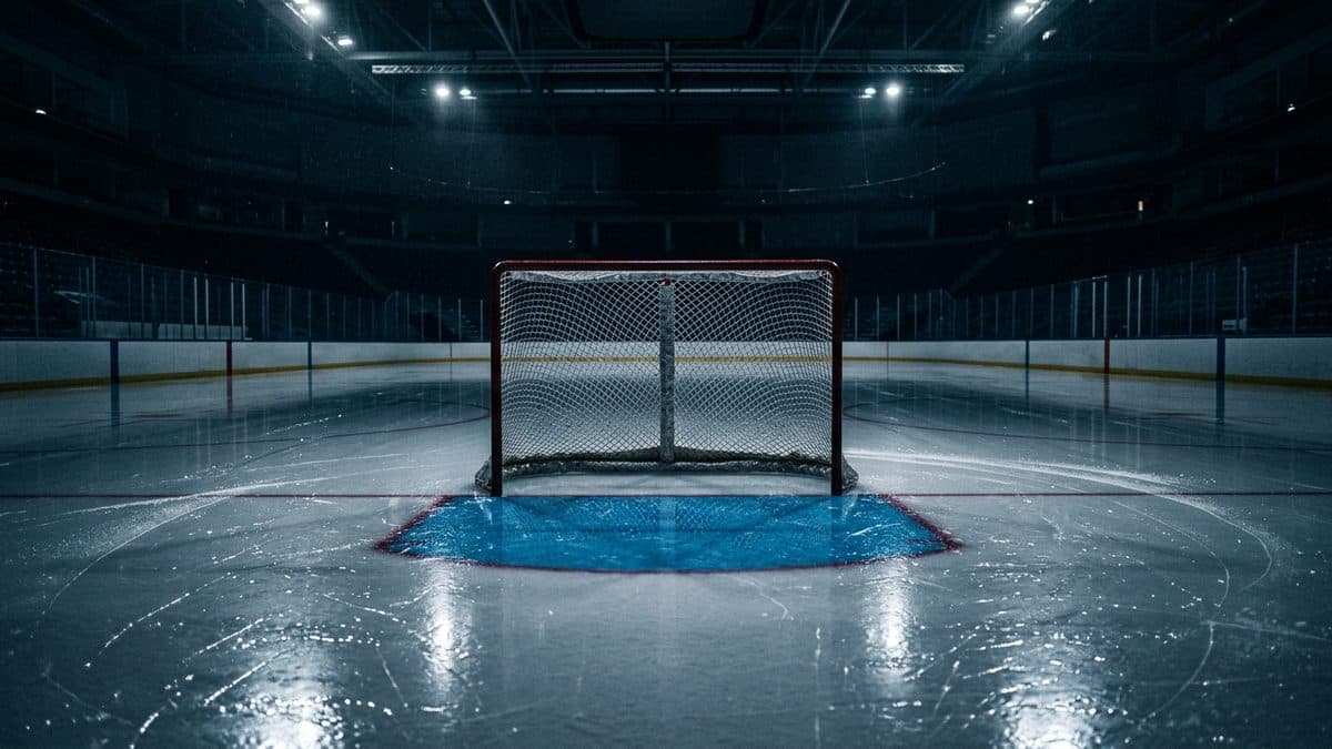 An empty hockey rink under the lights before the opening faceoff