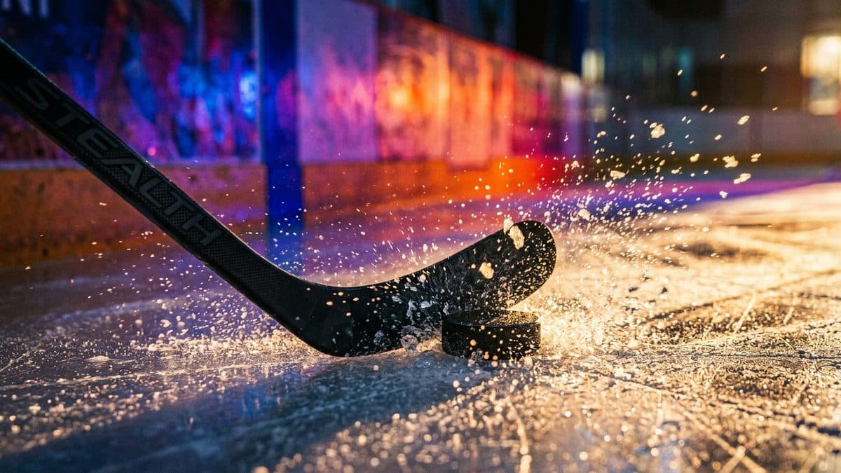 A hockey puck spraying ice across centre ice under bright arena lights
