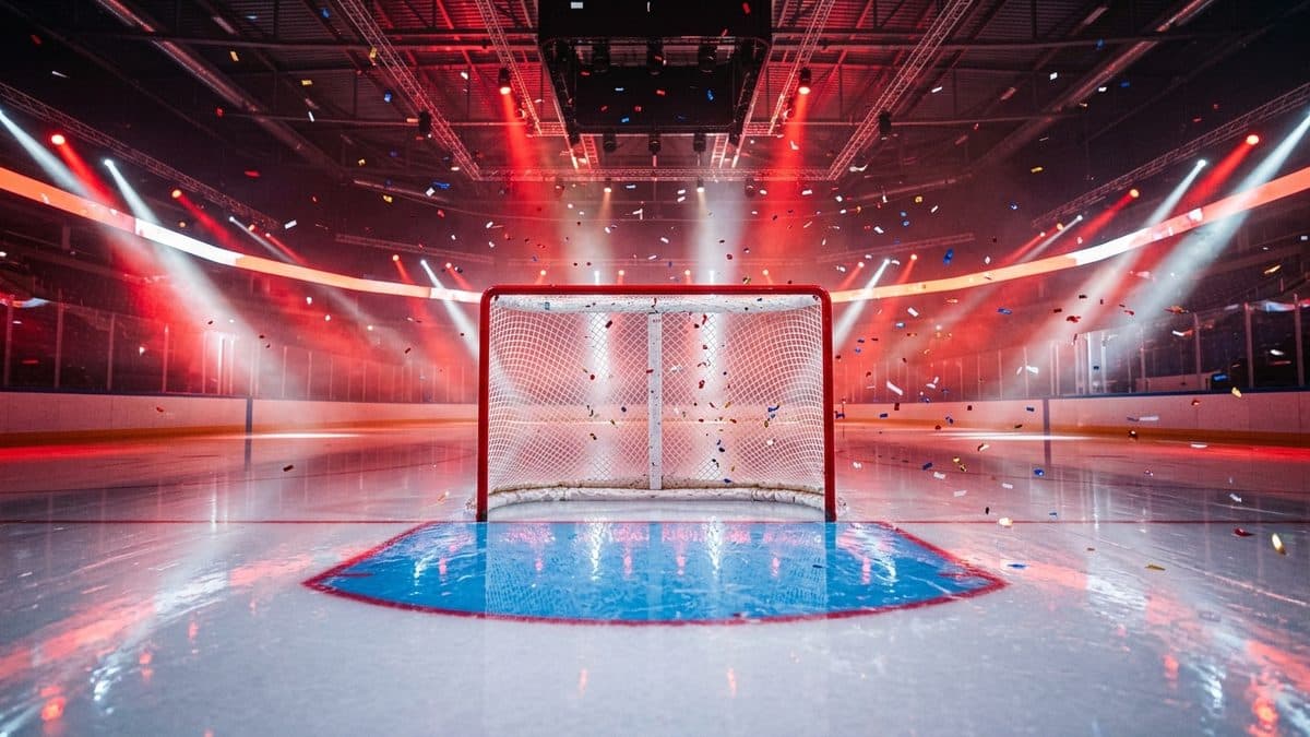 A hockey puck spraying ice across centre ice under bright arena lights
