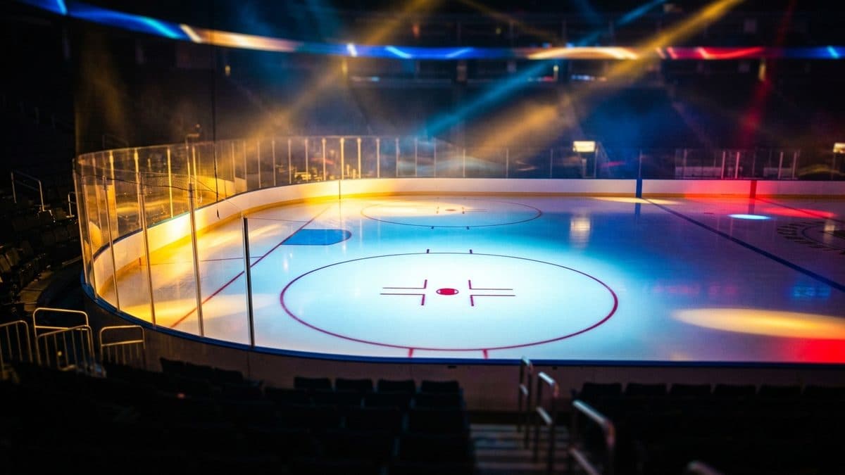 A hockey puck spraying ice across centre ice under bright arena lights